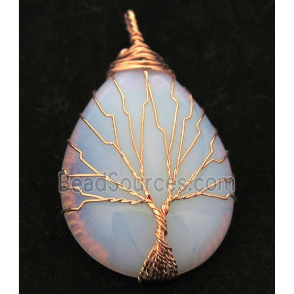 White Opalite Teardrop Pendant Tree Of Life Wire Wrapped Rose Gold