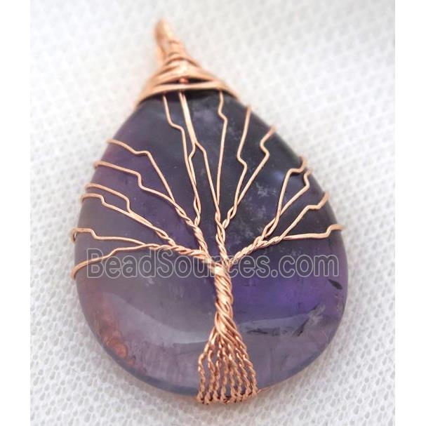 Purple Amethyst Teardrop Pendant Tree Of Life Wire Wrapped Rose Gold