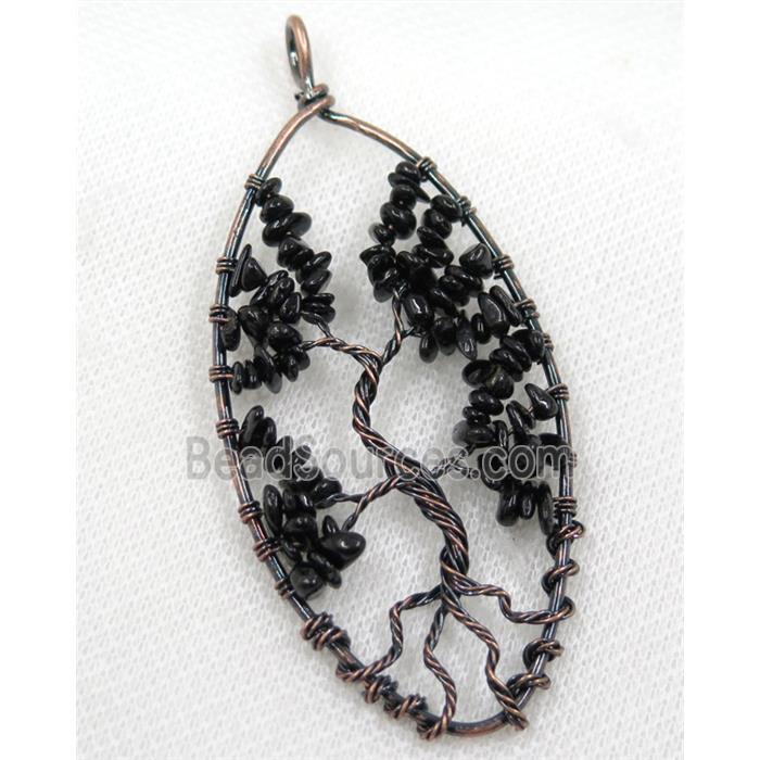 Black Obsidian Chips Pendant Tree Of Life Wire Wrapped Oval Antique Red