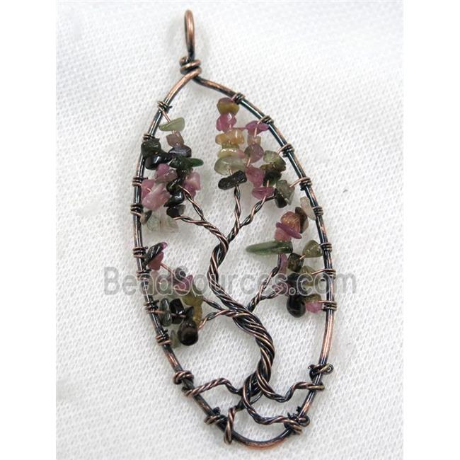 Tourmaline Chips Pendant Tree Of Life Wire Wrapped Oval Antique Red