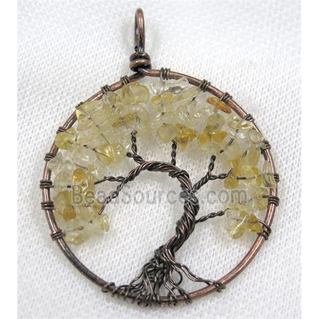 Citrine Chips Pendant Tree Of Life Wire Wrapped Circle Antique Red