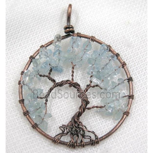 Aquamarine Chips Pendant Tree Of Life Wire Wrapped Circle Antique Red