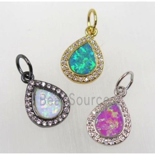 synthetic Fire Opal pendant paved zircon, copper, teardrop, mix color