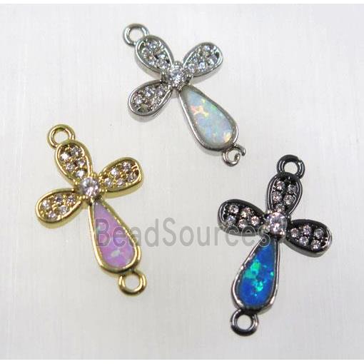 synthetic Fire Opal connector paved zircon, copper, cross, mix color