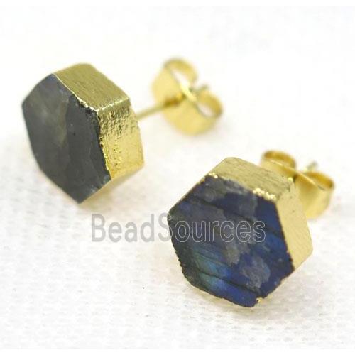 Labradorite earring stud, hexagon, gold plated