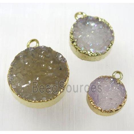 druzy agate pendant, natural color, flat round, gold plated