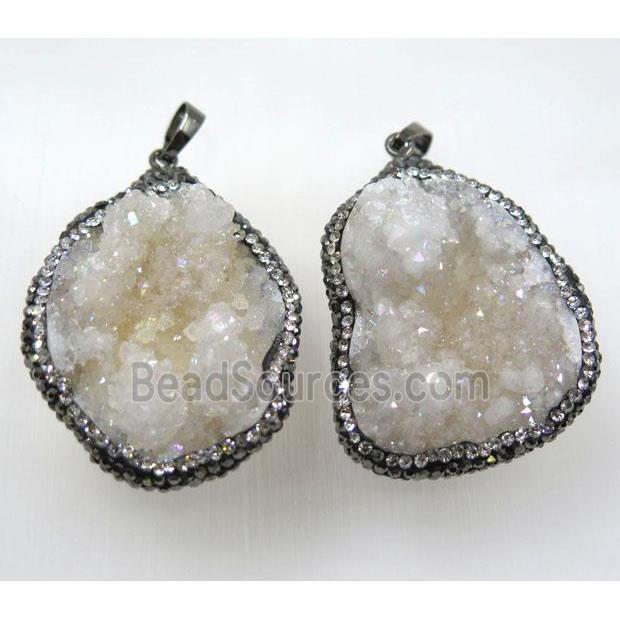 druzy agate pendant paved rhinestone, white AB-color, freeform