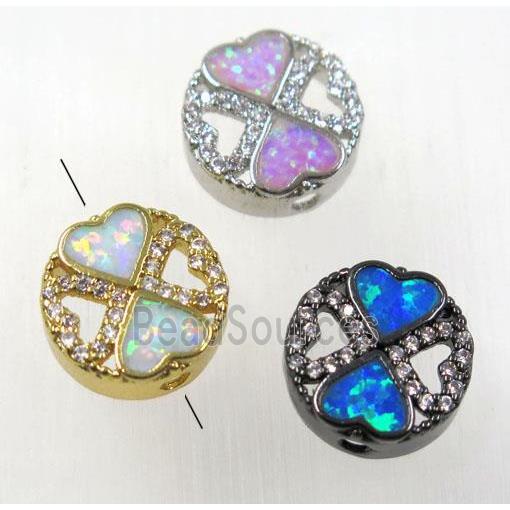 synthetic Fire Opal bead paved zircon, double heart, copper, mix color