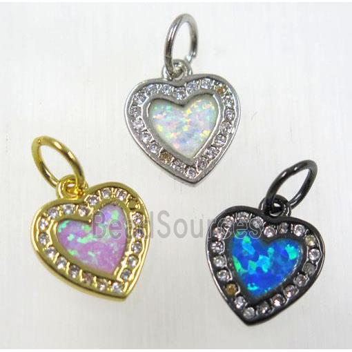 synthetic Fire Opal heart pendant paved zircon, copper, mix color