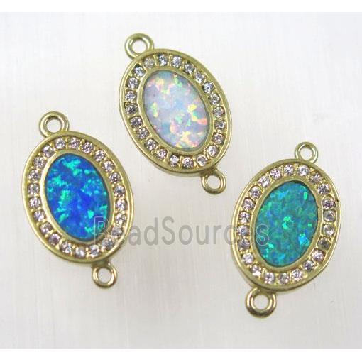 synthetic Fire Opal oval connector paved zircon, copper, mix color