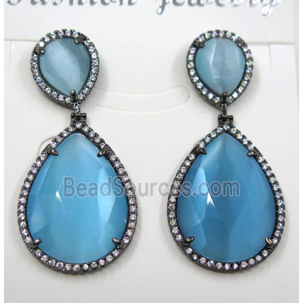 blue cat eye stone earring pave zircon, teardrop