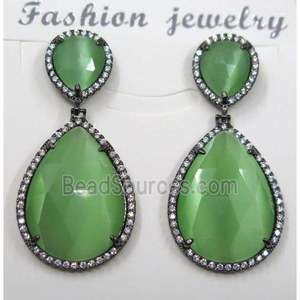 green cat eye stone earring pave zircon, teardrop