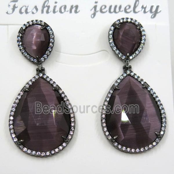 purple cat eye stone earring pave zircon, teardrop