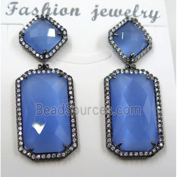 blue cat eye stone earring pave zircon, rectangle