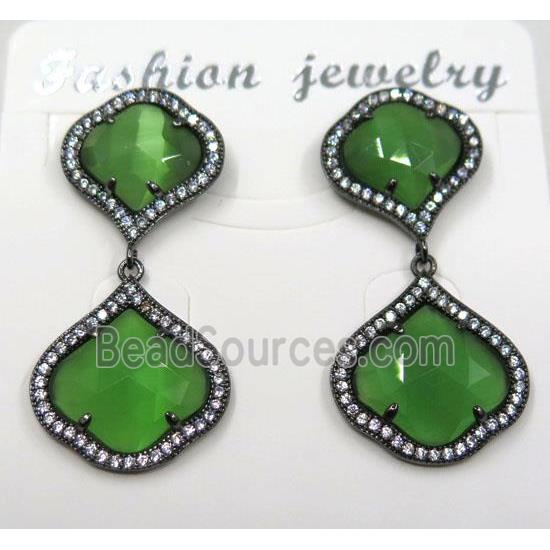 green cat eye stone earring pave zircon, clover