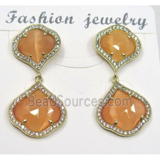 orange cat eye stone earring pave zircon, clover