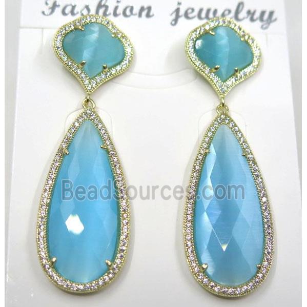 aqua cat eye stone earring pave zircon, droplet