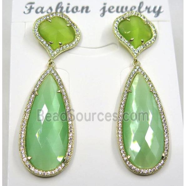 spring green cat eye stone earring pave zircon, droplet