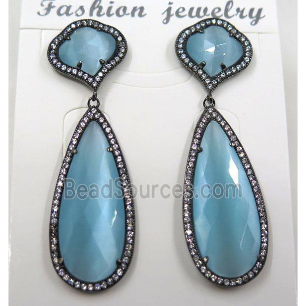 aqua cat eye stone earring pave zircon, droplet