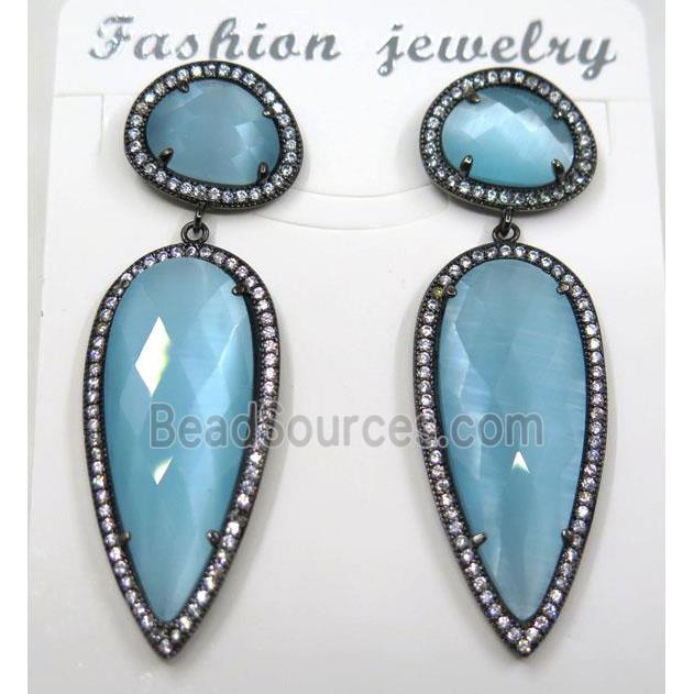 aqua cat eye stone earring pave zircon, droplet