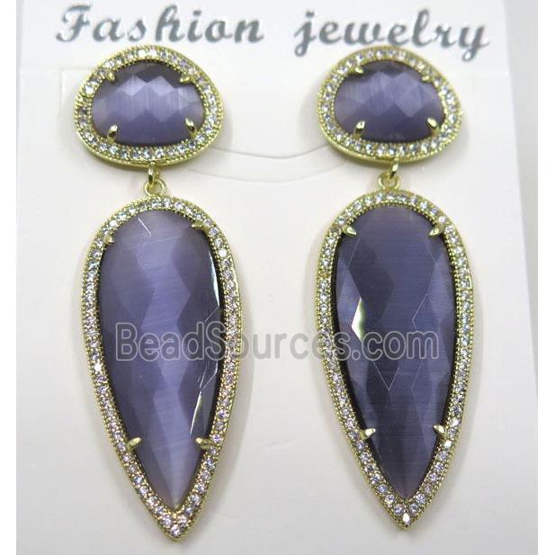 purple cat eye stone earring pave zircon, droplet