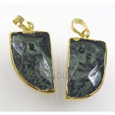 green Kambaba Jasper horn pendants, gold plated