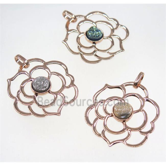 mix druzy quartz pendant, copper flower, rose gold plated