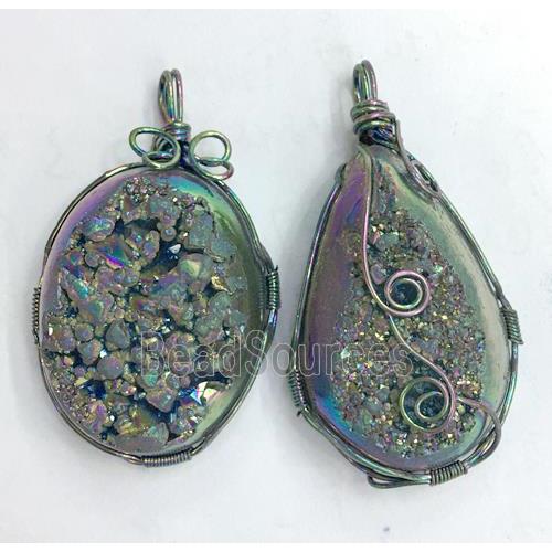 rainbow druzy Quartz pendant, freeform, wire wrapped