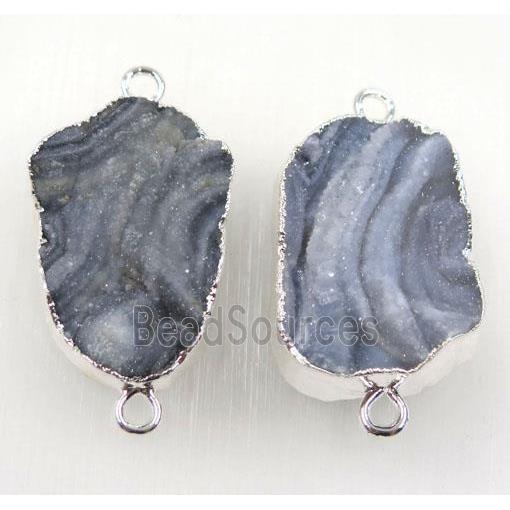 solar agate druzy connector, freeform, silver plated