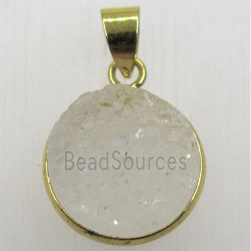 white druzy agate pendant, flat-round, gold plated