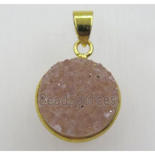 natural druzy agate pendant, flat-round, gold plated