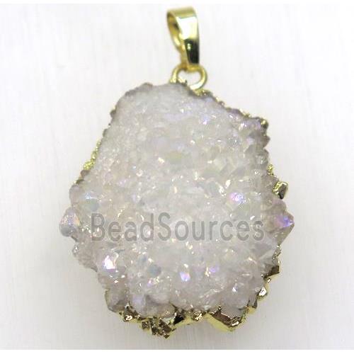 white AB-color solar quartz druzy pendant, freeform, gold plated