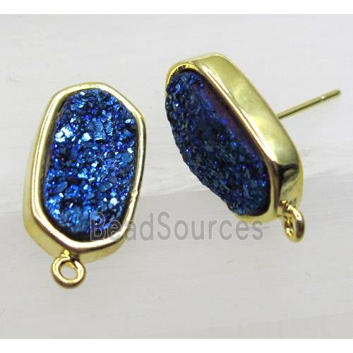 blue druzy quartz earring studs, gold plated