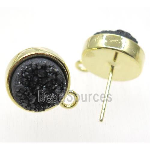 black druzy quartz earring studs, flat round, gold plated