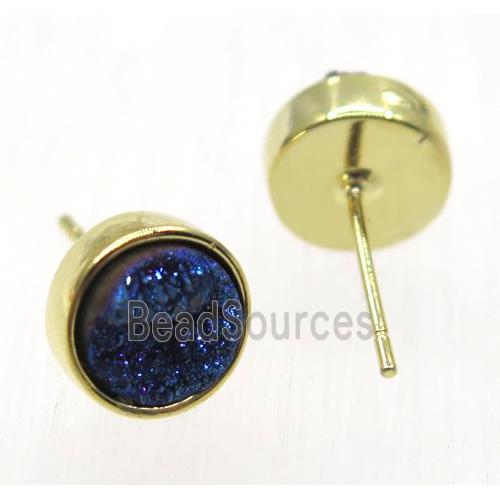 blue druzy quartz earring studs, flat-round, gold plated