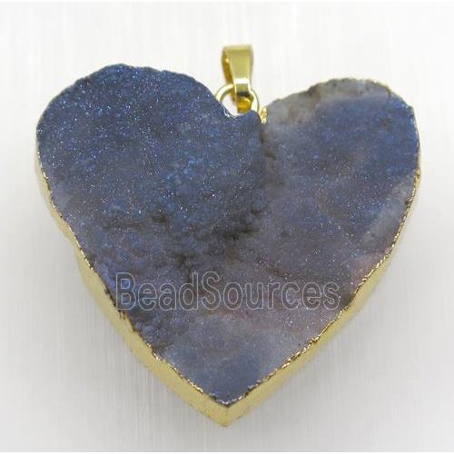 gray blue druzy quartz pendant, heart, gold plated