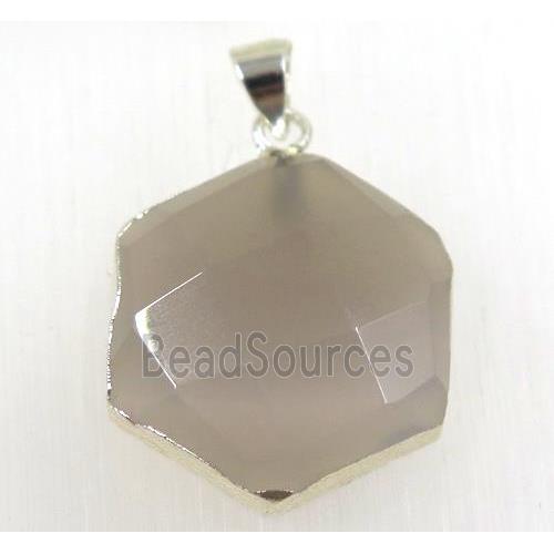 gray agate hexagon pendant, 925 silver plated