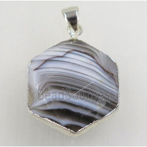 black agate hexagon pendant, 925 silver plated