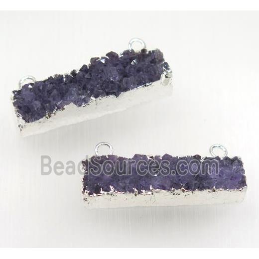 Amethyst druzy rectangle pendant with 2loops, silver plated