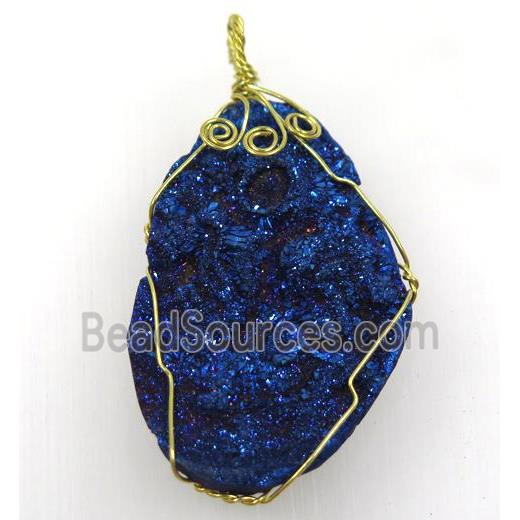 blue solar agate druzy slice pendant with wire wrapped, freeform