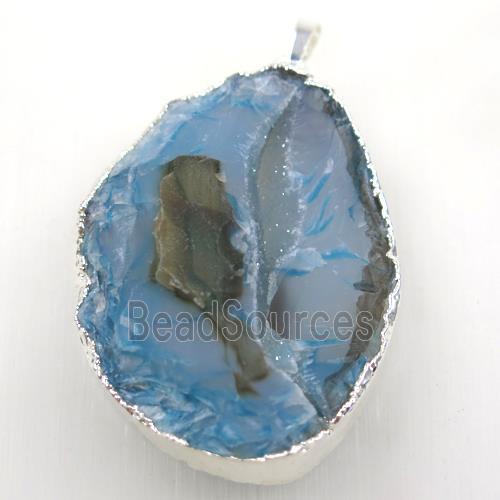 blue geode agate druzy pendant, freeform, silver plated