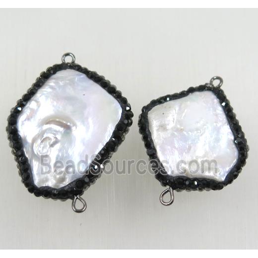 white freshwater pearl connector paved black rhinestone, freeform