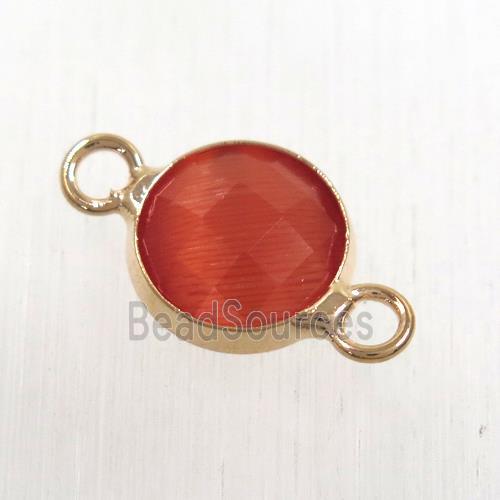 red cats eye stone connector, faceted flat round, rose gold plated