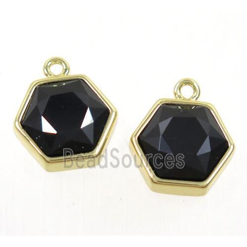 black onyx agate pendant, Hexagon, gold plated