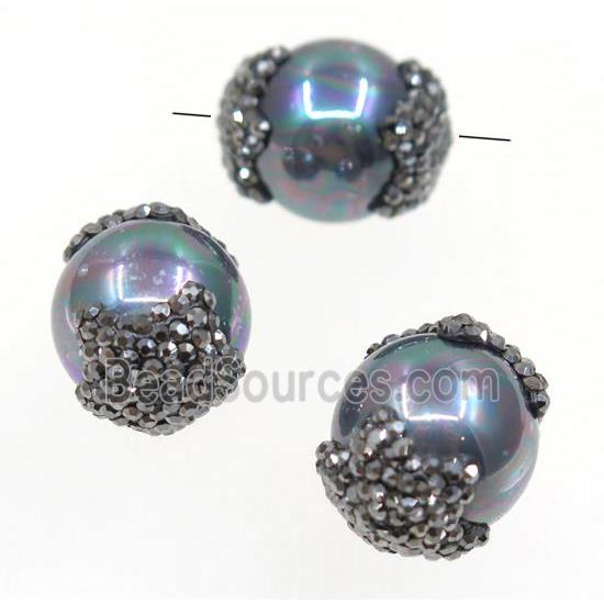 round pearlized shell beads paved rhinestone