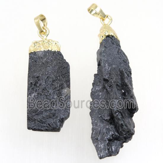 black Tourmaline pendant, freeform, gold plated