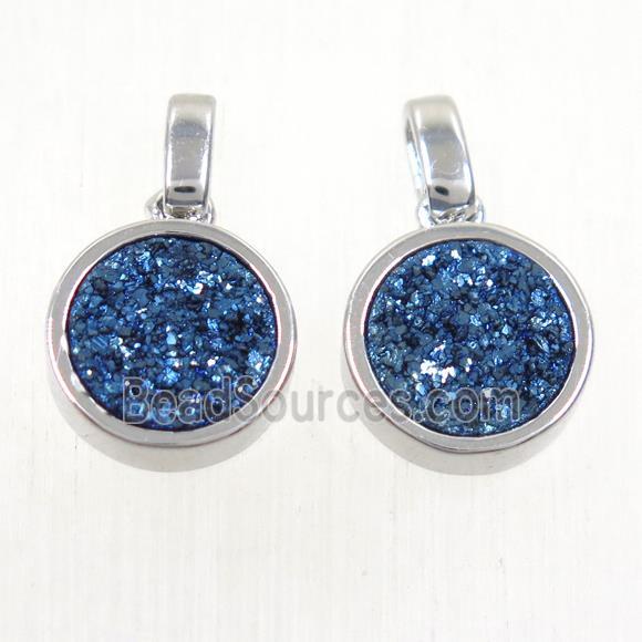 blue Druzy Agate pendant, flat round, platinum plated