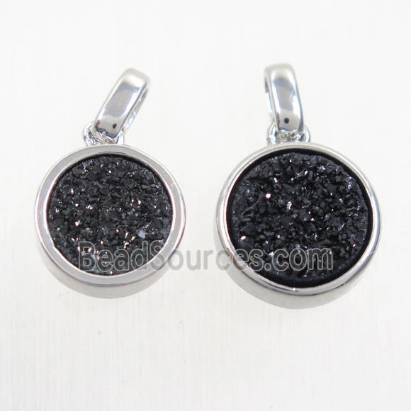 black Druzy Agate pendant, flat round, platinum plated