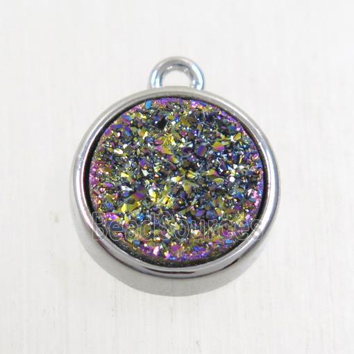 rainbow Druzy Agate pendant, flat round, platinum plated