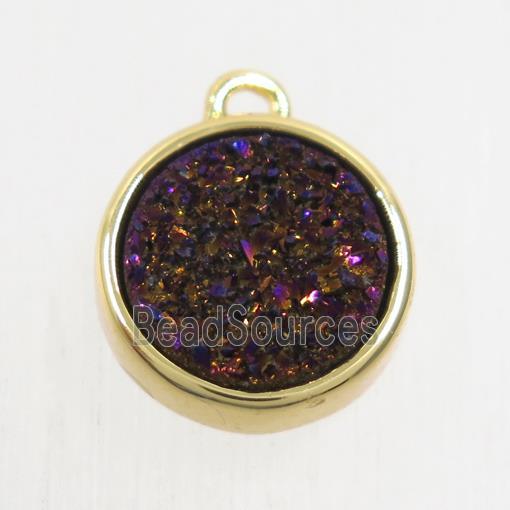 purple Druzy Agate pendant, flat round, gold plated